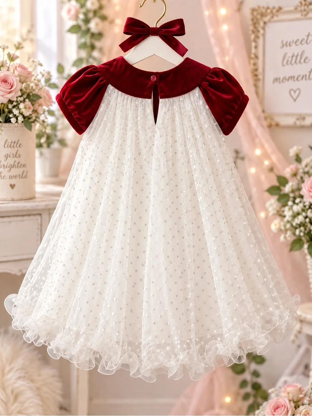 Rare Editions Girls 2T Red Velvet Ivory Tulle Polka Dot Holiday Dress